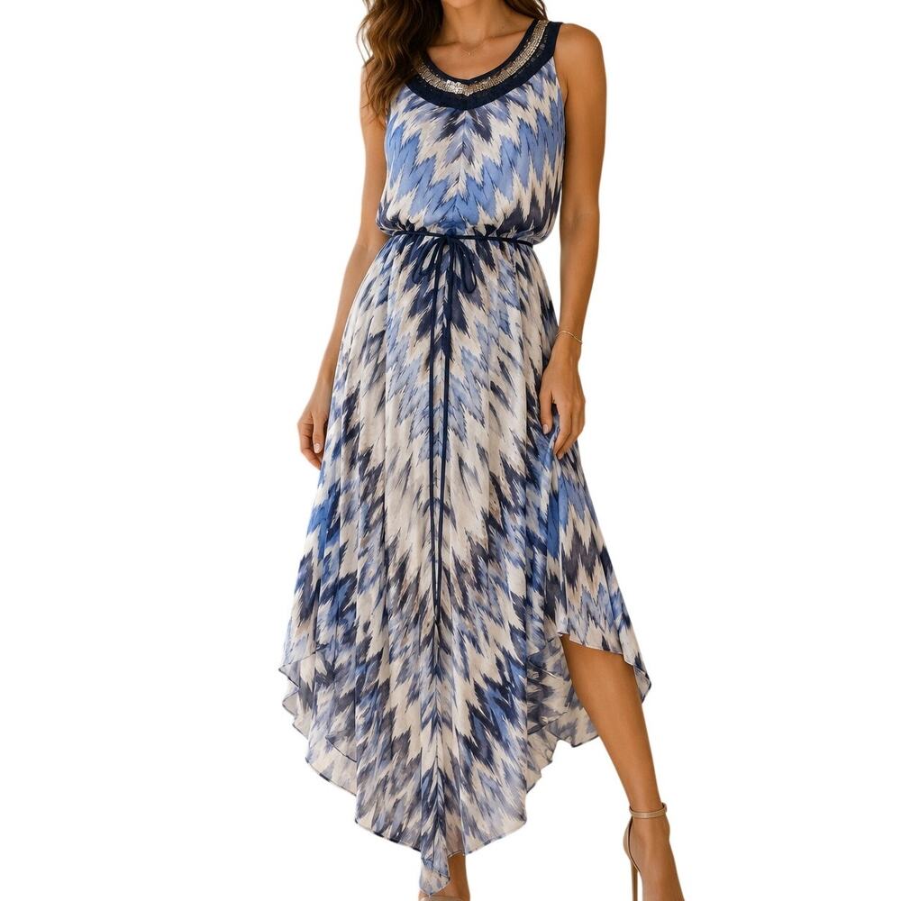 Sandra Darren Belted Midi Dress Womens Size 14 Blue Chevron Beaded Asymmetrical